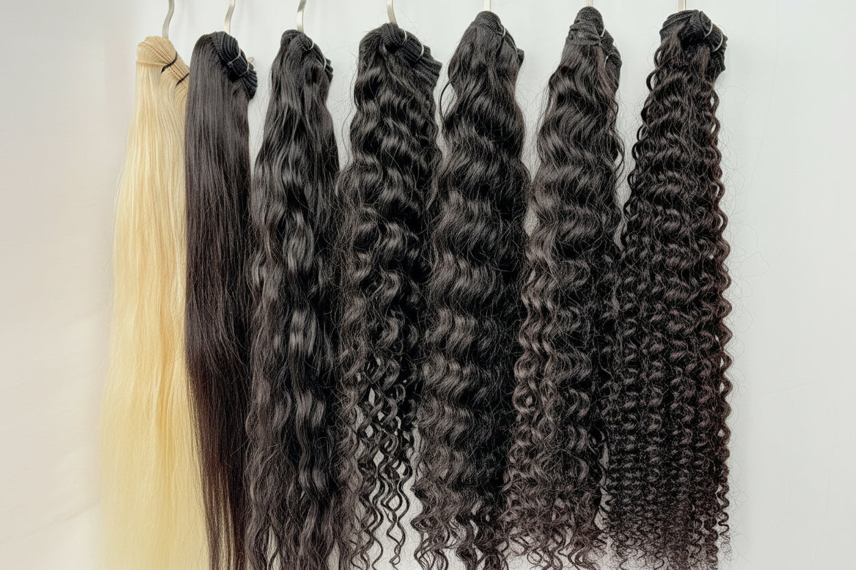 Keré Hair Co. UK raw hair extensions in different curl patterns hanging against a white background