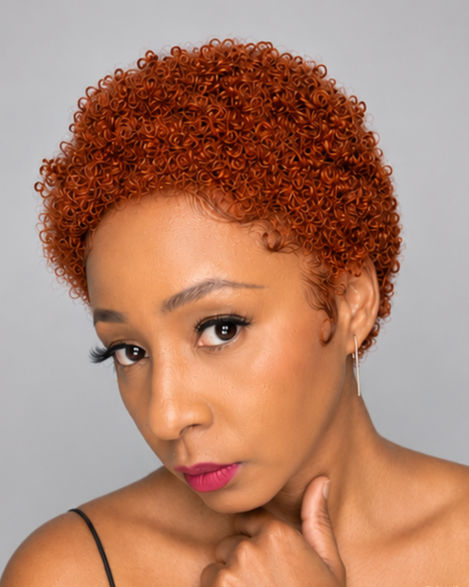 A close-up portrait of a woman with a short, tightly curled, textured wig in a warm coppery orange-brown shade, set against a solid gray studio background.