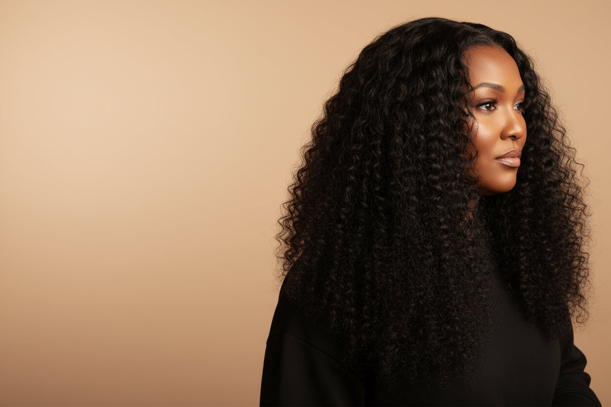 Woman with curly hair wearing a black jacket indoors.