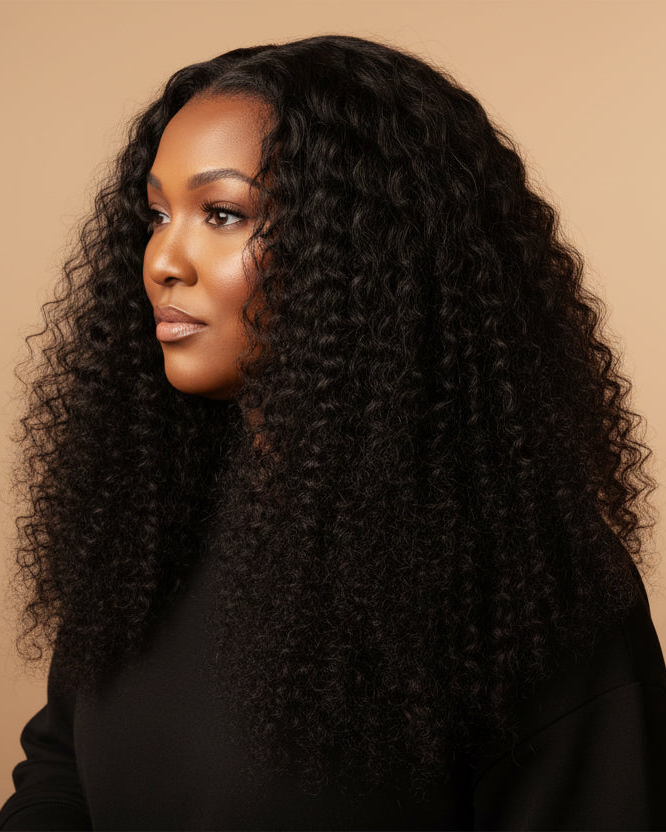Woman with long, curly black hair against a beige background