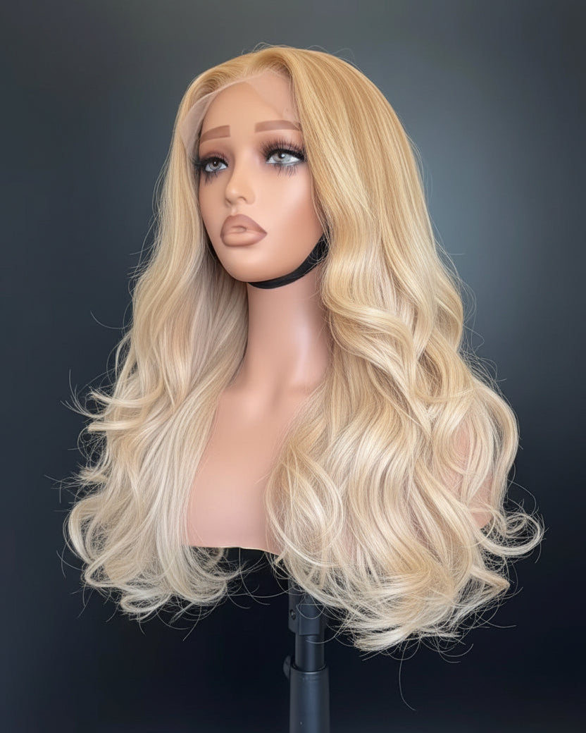 22-inch Vietnamese glueless wig in ash blonde with layered bouncy waves  on a mannequin head with shoulders on a tripod against a gray studio background