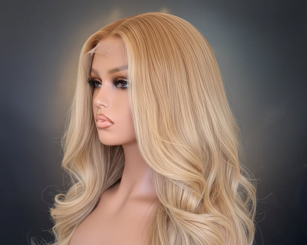 Blonde wig on a mannequin head against a dark background