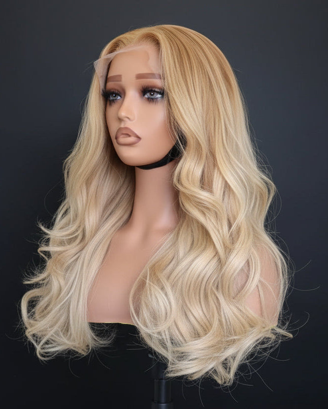 Blonde wig on a mannequin head against a black background