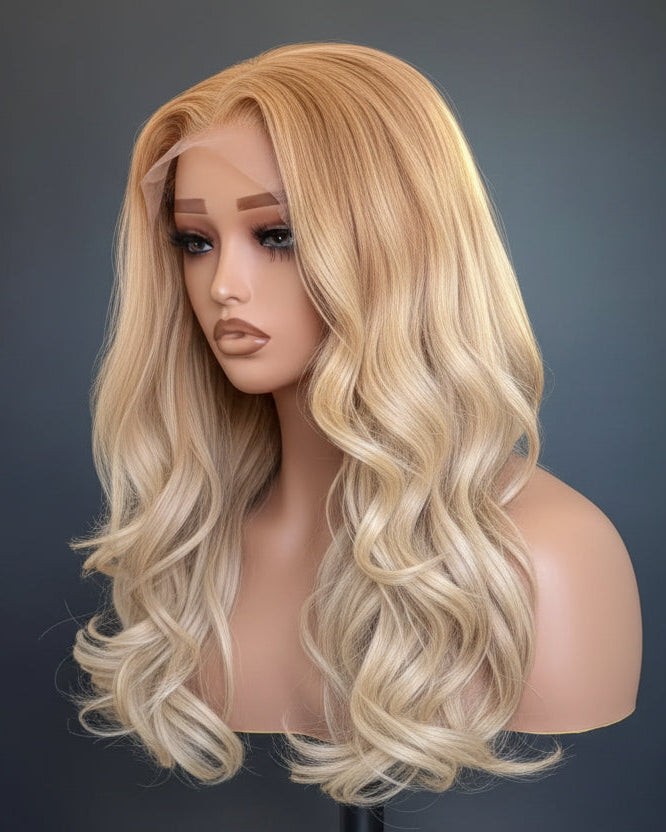 Blonde wig on a mannequin head against a black background