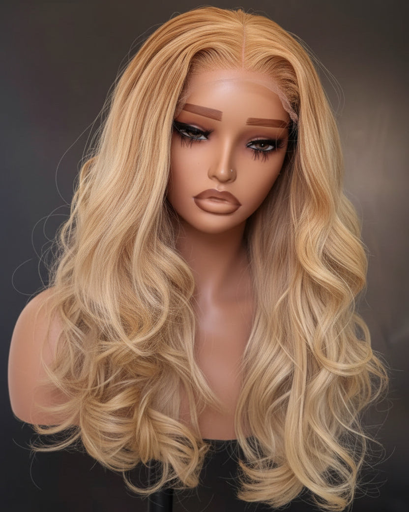 Blonde wig on a mannequin head against a dark background