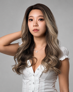 A woman with long, wavy, highlighted brown hair wearing a white ruffled blouse, posing against a solid gray studio background.