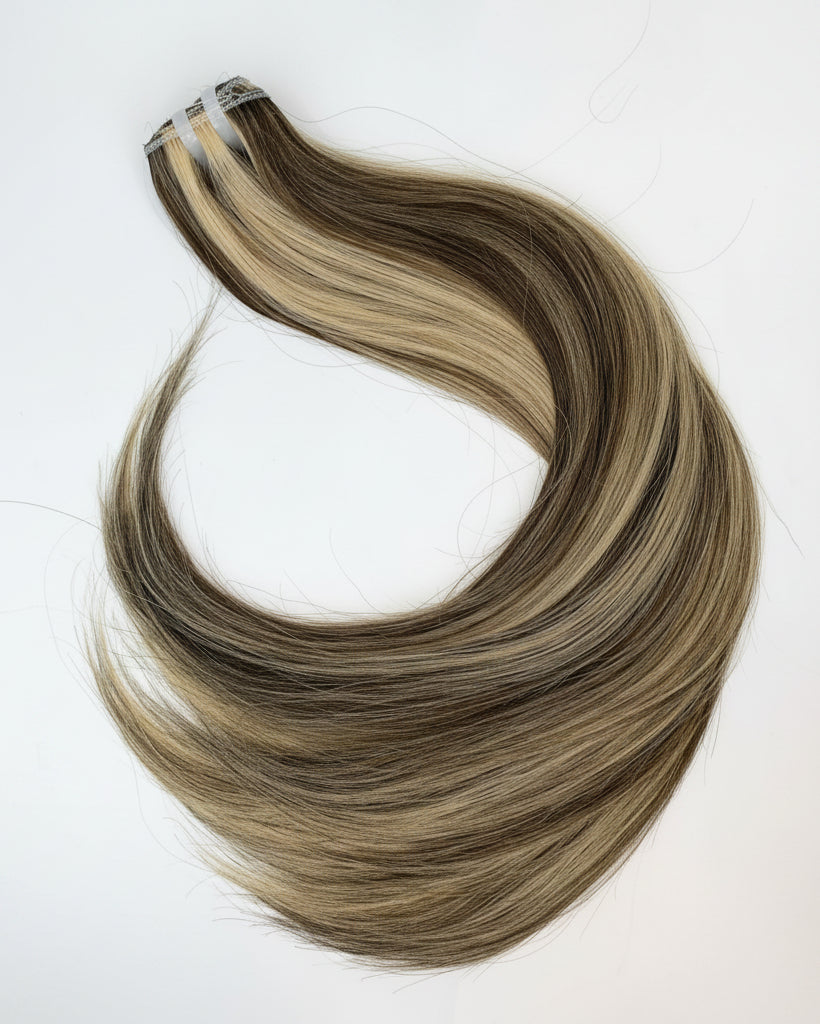 Blonde and brown hair extensions on a white background
