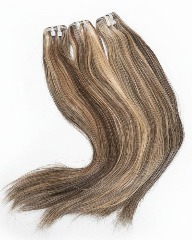 Set of hair extensions on a white surface