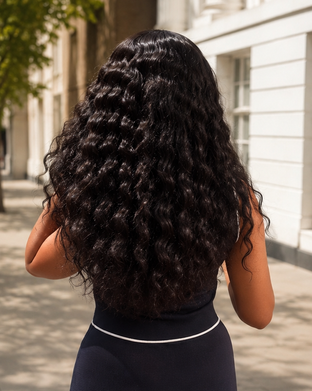 Woman with curly hair walking away from a white building on a sunny day