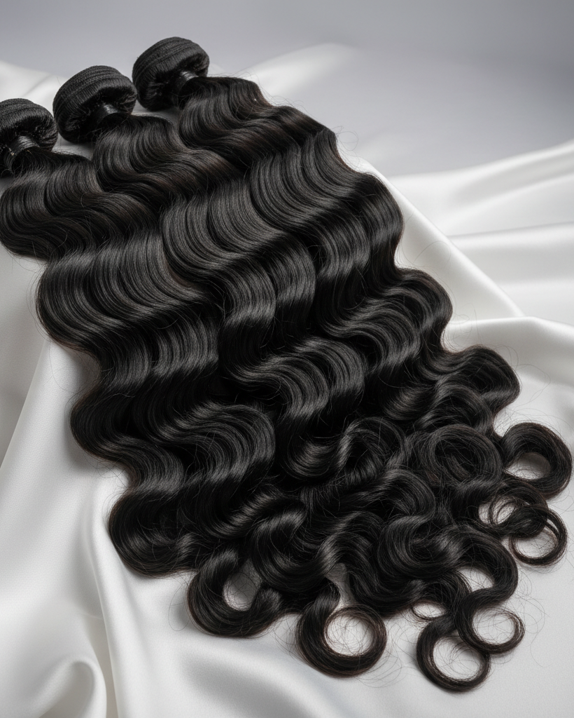 Vietnamese raw hair deep wave wefted bundles draped on an off-white silk background.
