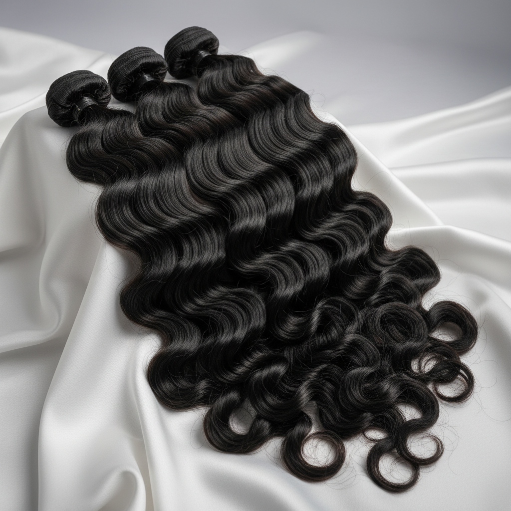 Vietnamese raw hair deep wave wefted bundles draped on an off-white silk background.