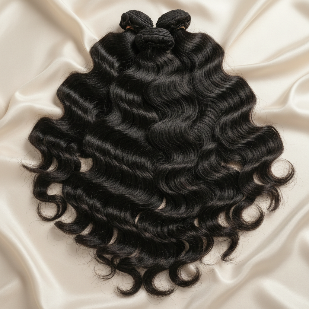 Wefted vietnamese raw hair bundles in a loose wave placed on a beige silk or satin cloth