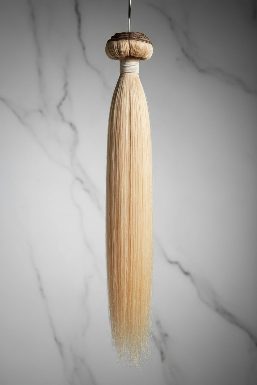 Blonde 613 Vietnamese raw hair extensions wefted bundle on a white background
