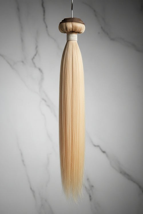 Blonde 613 Vietnamese raw hair extensions wefted bundle on a white background