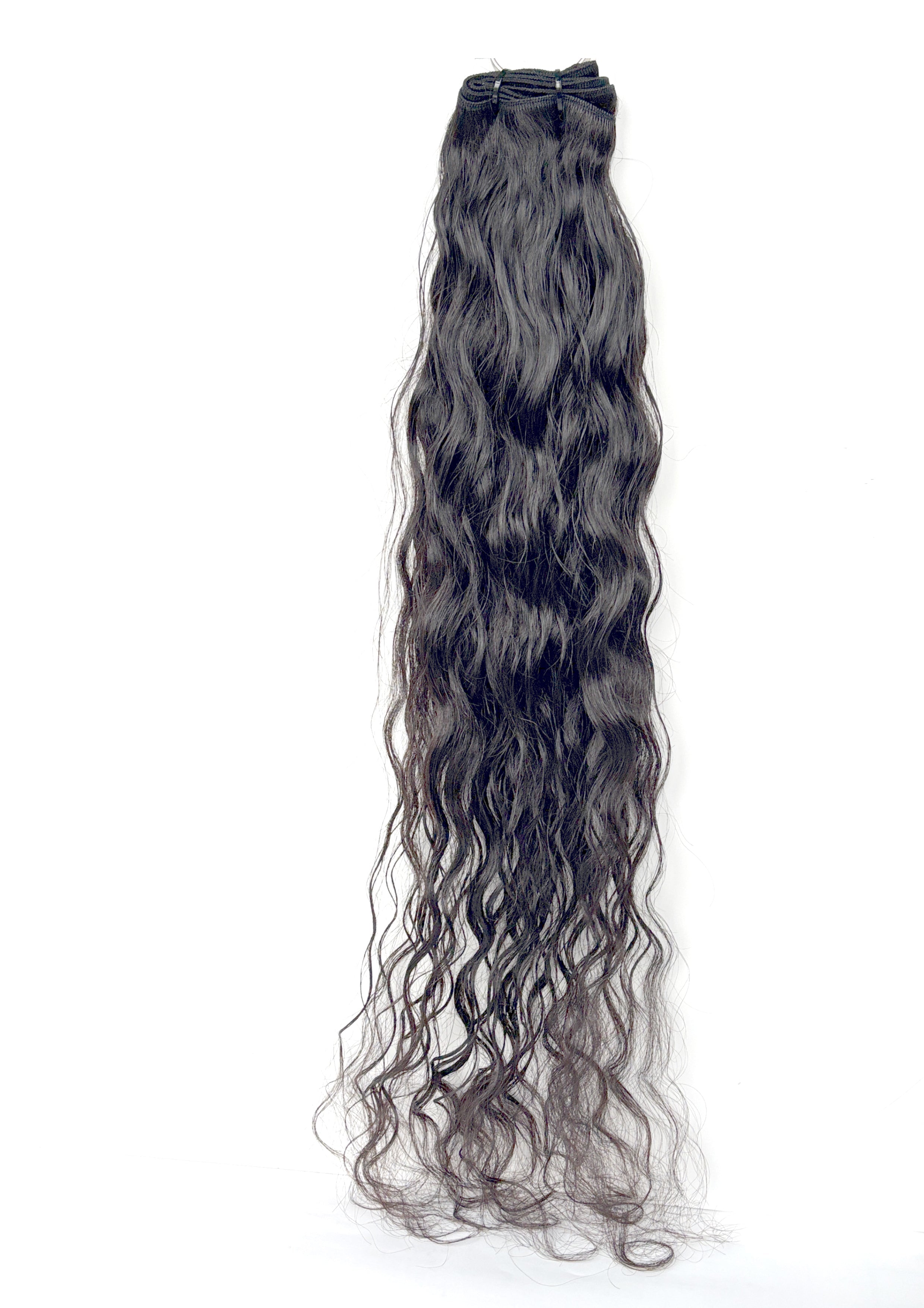 Black wavy Vietnamese raw hair extensions on a white background