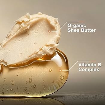 Shea butter with droplets and text labels on a beige background
