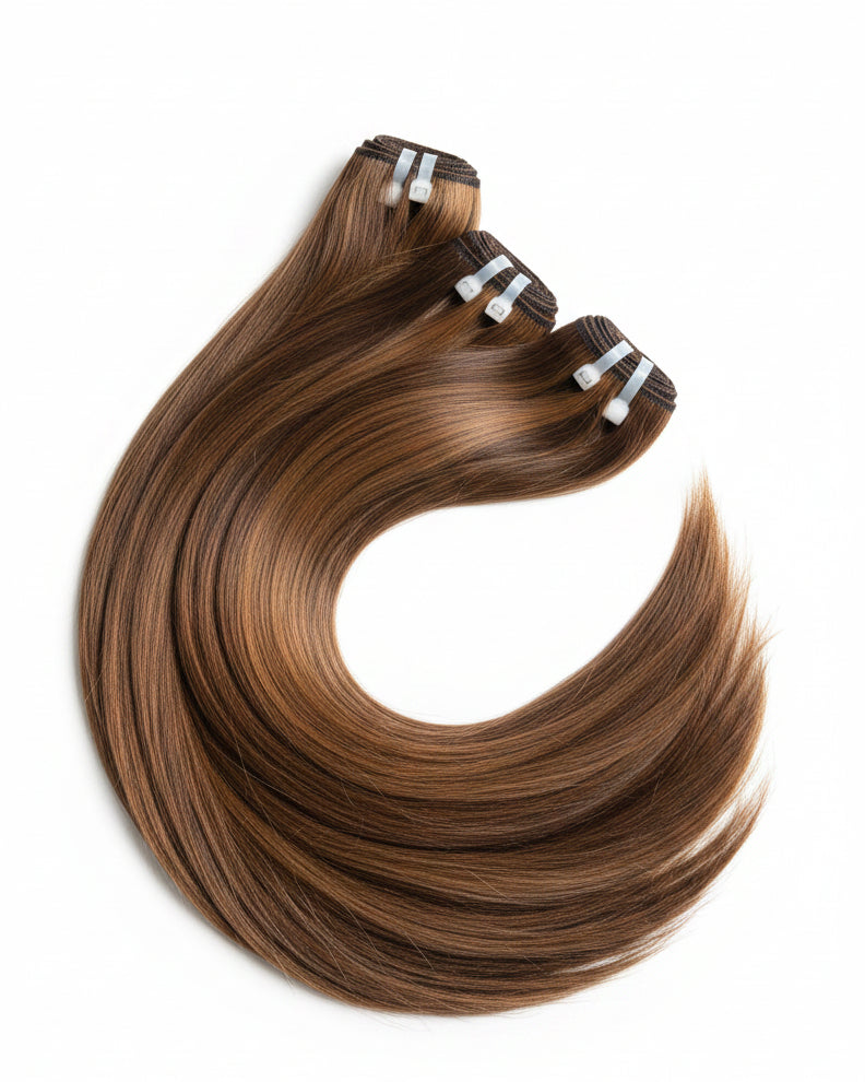 Brown hair extensions on a gray surface with a beige background