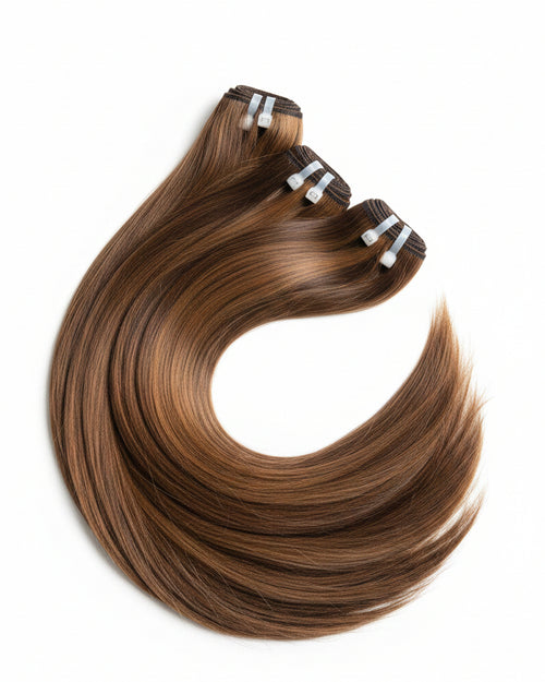 Brown hair extensions on a gray surface with a beige background