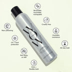 Silver bottle of Colour Wow Cult Favourite Firm Flexible Hairspray with a black cap on a beige background, featuring icons and text about product features.