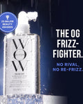 Bottle of COLOR WOW Dream Coat Supernatural Spray Hair Care product with text 'The OG Frizz-Fighter' and '25 Major Beauty Awards' on a dark background.