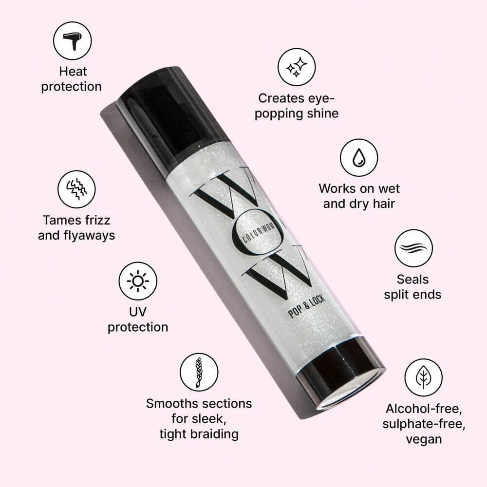 Colour Wow Pop N Lock High Gloss Finish Product with features listed on a white background