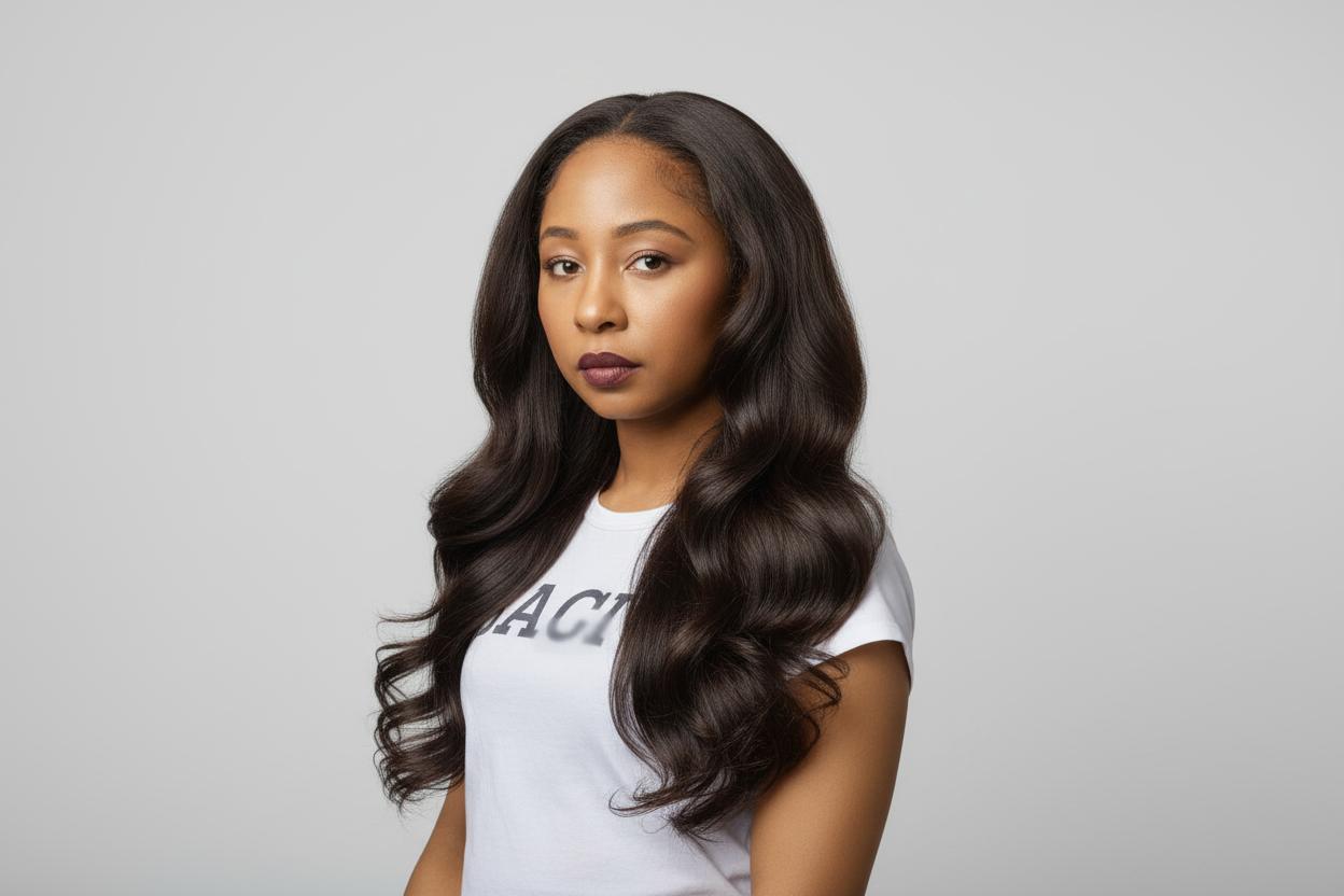 A woman with long, wavy Vietnamese raw hair extensions wearing a white t-shirt with text on a grey background 