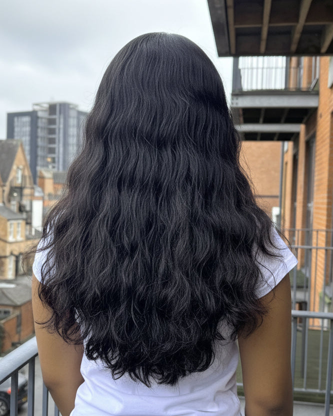 Person with long wave Indian raw hair standing on a balcony with buildings in the background