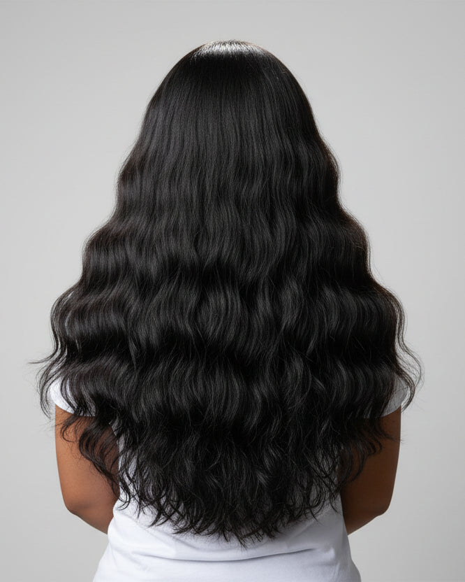 Person with long, wavy black Indian raw hair flip-over wig on a plain background
