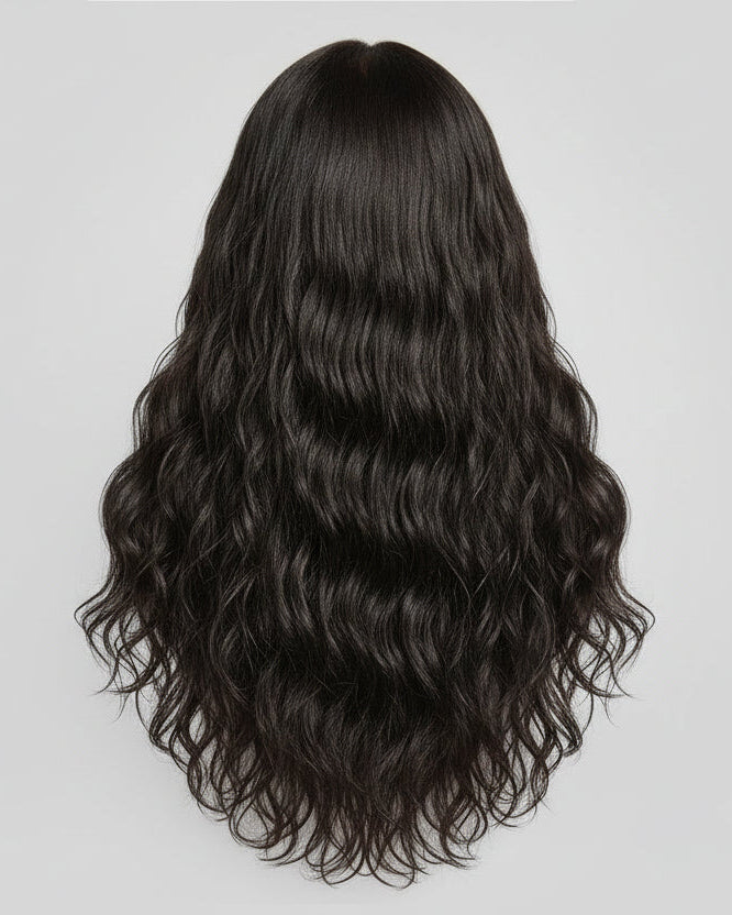 Black wavy Indian raw hair extension on a gray background