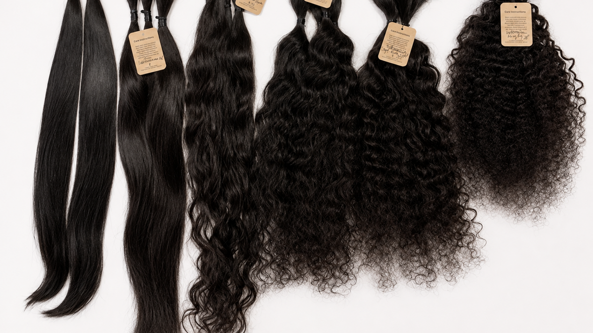 Six bundles of black hair extensions in different styles and textures, including straight, wavy, and curly, arranged side-by-side on a plain white background. Each bundle has a small paper tag attached.