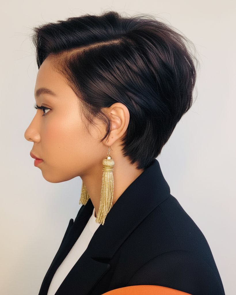 Woman with a stylish haircut wearing gold earrings against a neutral background