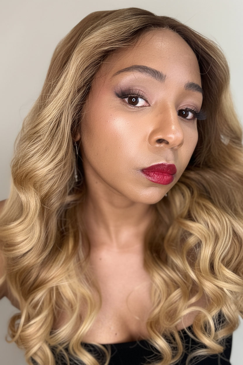 Woman with styled hair and red lipstick against a neutral background