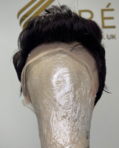 Front view of Ora virgin full lace pixie wig showing the pixie cut shape, warm golden brown tone achieved with Wella Koleston 5/37, and full lace cap construction