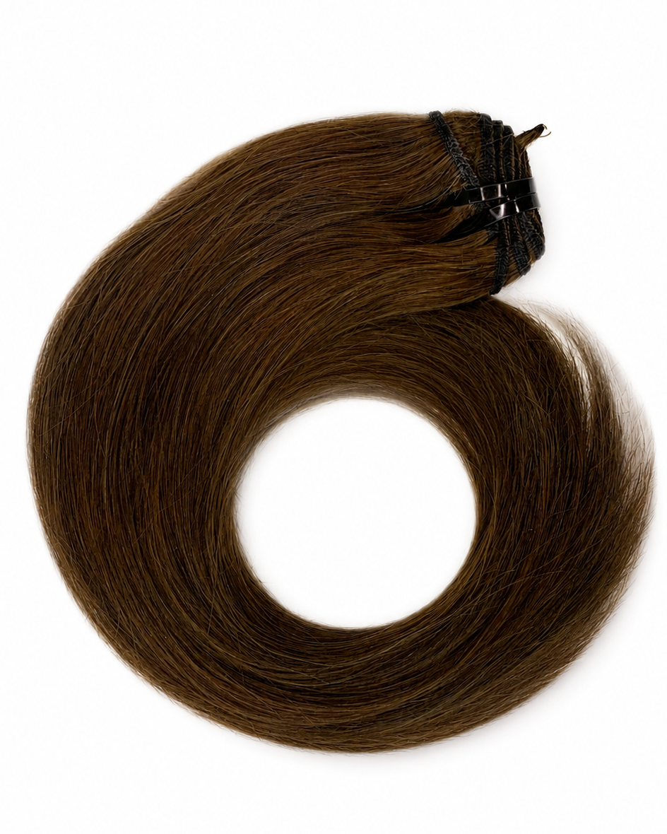 Soft ash-brown raw hair extensions on a white background.