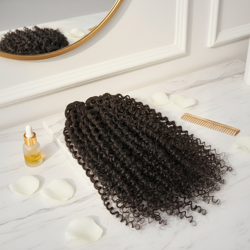 Vietnamese high-quality raw hair extensions: kinky wefted bundles on a hair salon countertop.